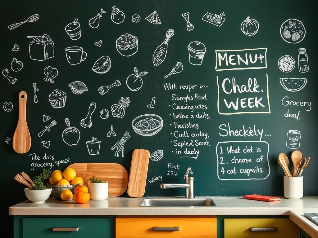 Parede de lousa em uma cozinha com desenhos de alimentos e lista de compras escrita a giz.