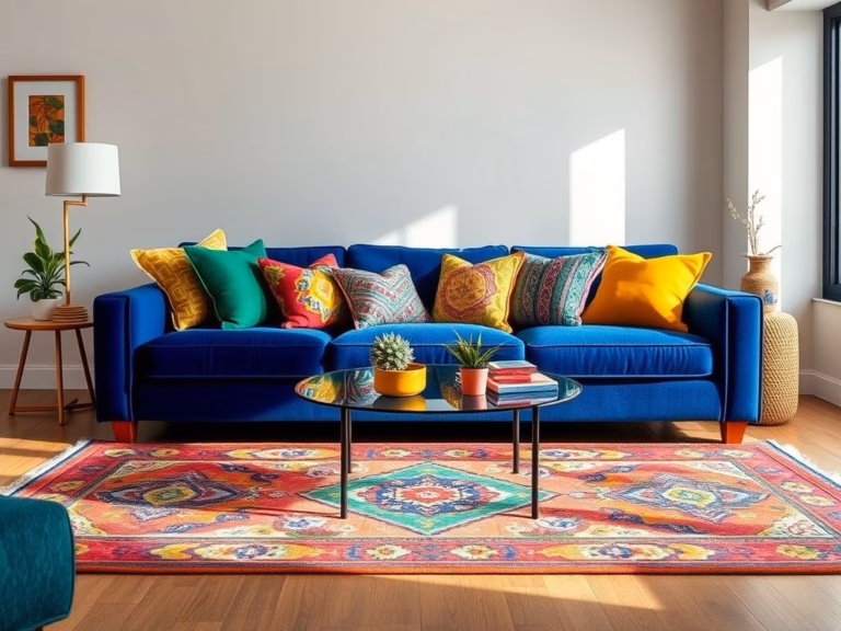 Sala de estar vibrante com um sofá colorido, decorado com almofadas contrastantes e um tapete estiloso, expressando personalidade e energia.