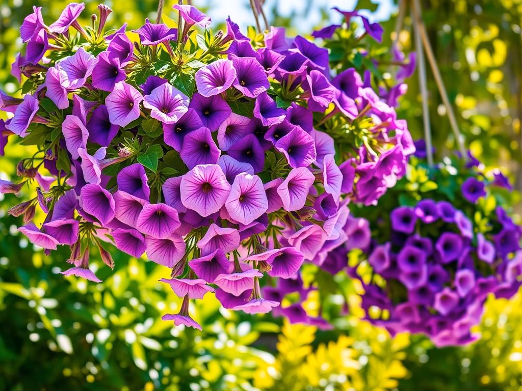 Fotografia vibrante mostrando diferentes variedades de petúnias (Petunia x hybrida) em vasos suspensos, com uma gama de tons roxos, de lilás claro a violeta escuro.
