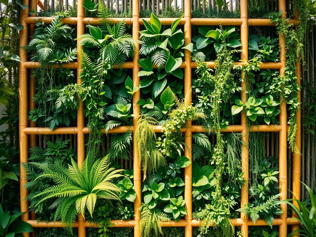 Um jardim vertical vibrante com uma estrutura de bambu e uma variedade de plantas verdes exuberantes.