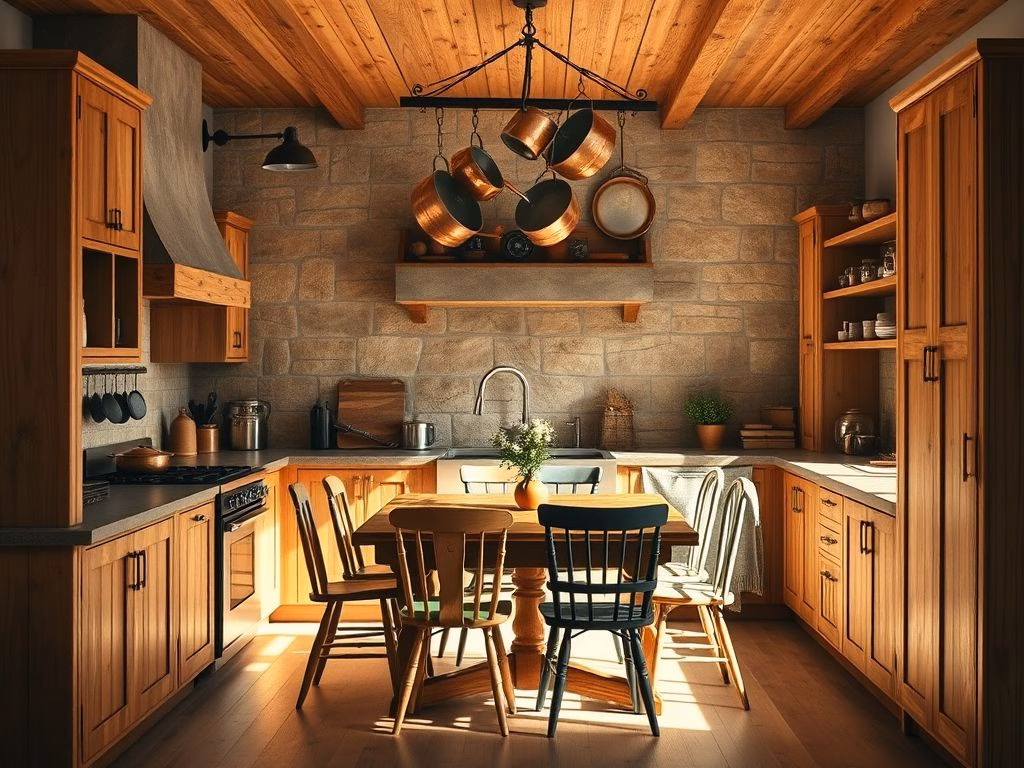 Interior de uma cozinha rústica acolhedora com armários de madeira natural, backsplash de pedra e utensílios de cobre.