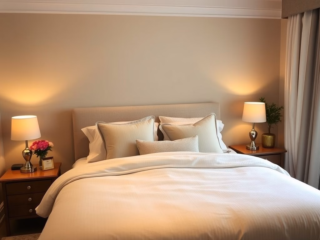 Quarto de casal aconchegante com iluminação suave e roupa de cama confortável.