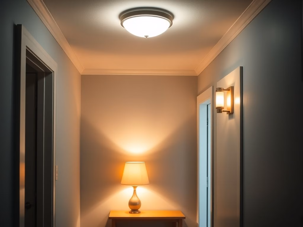 Iluminação aconchegante em um hall de entrada pequeno, combinando luz geral e luz de destaque.