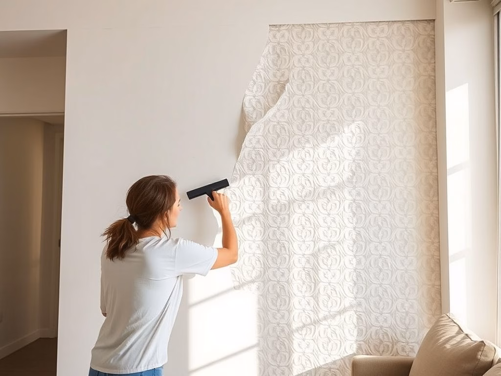 Uma mulher aplicando papel de parede 3D em uma parede, usando uma espátula para remover bolhas de ar.