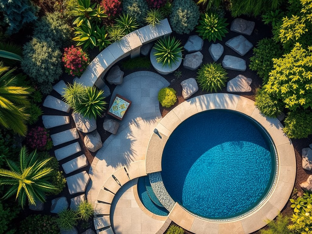 Vista aérea de uma piscina de alvenaria personalizada, integrada ao paisagismo com detalhes em azulejo e caminhos de pedra.