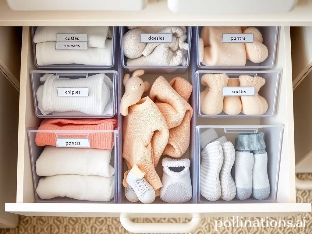 Armário ou gaveta de quarto de bebê organizado com caixas transparentes e divisórias.