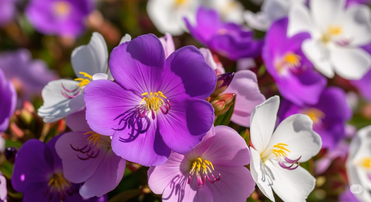 Fotografia em close-up de um Manacá da Serra em plena floração, mostrando as flores em diferentes estágios de cor: roxo vibrante, lilás suave e branco puro.