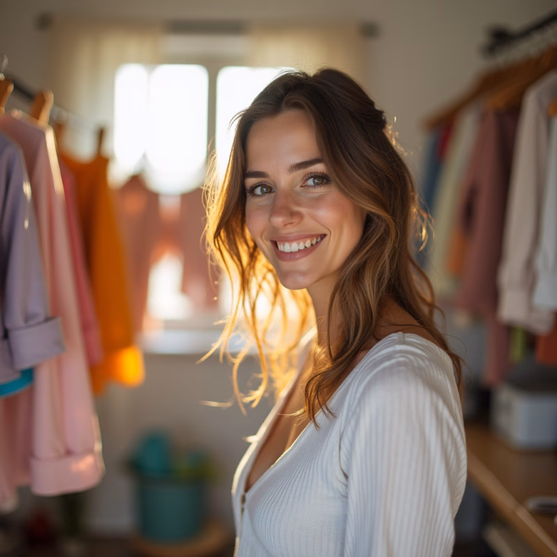 Bright, airy laundry room, varal de teto, woman mid-age smiling, hanging colorful clothes, natural Mulher pendurando roupas coloridas em varal de teto em lavanderia iluminada.