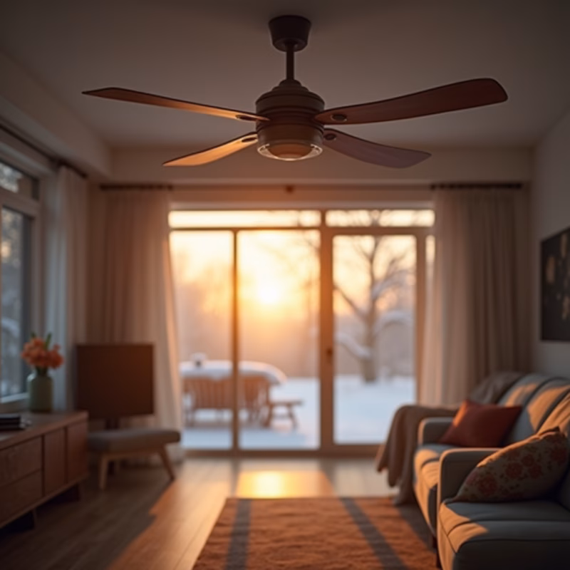 Ceiling fan with reverse function symbol, living room, winter scene, warm light, 8K, sharp focus, Ventilador de teto com função reversa em sala de estar no inverno.