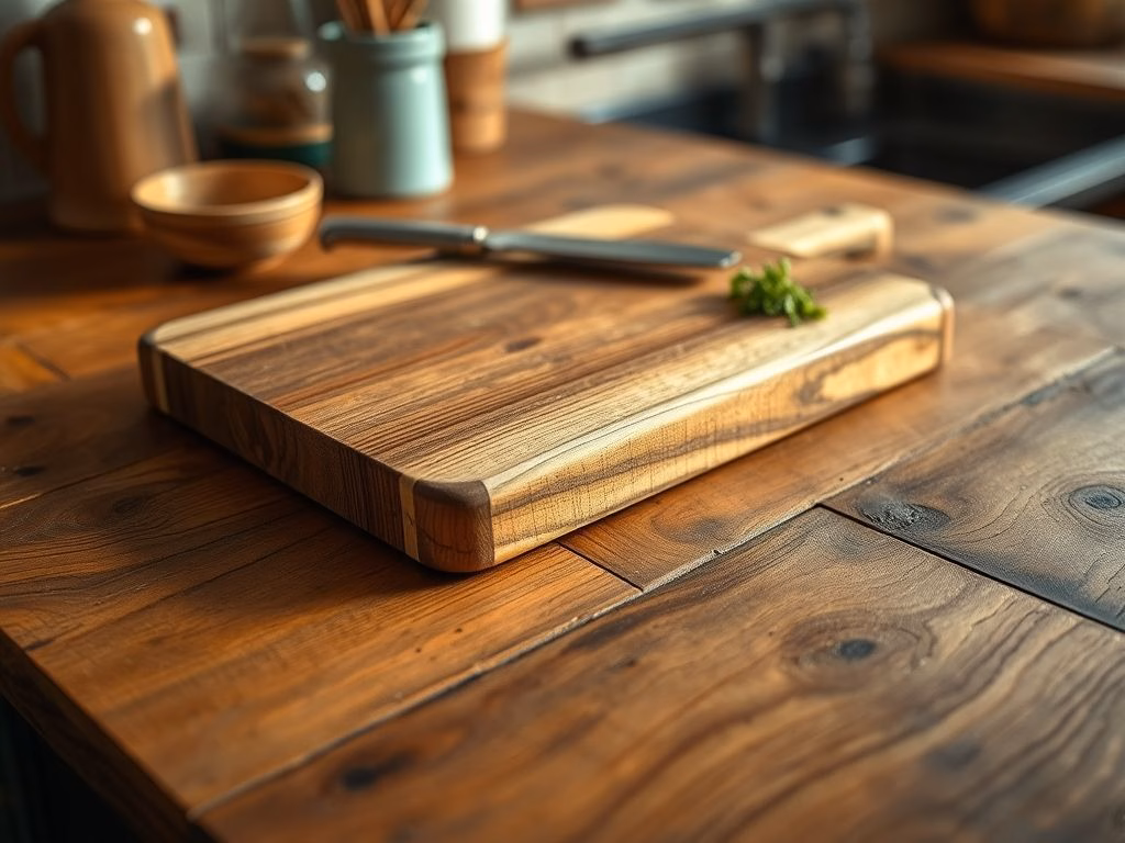 Detalhe de uma bancada rústica de madeira com utensílios de cozinha de madeira e ervas em vasos.