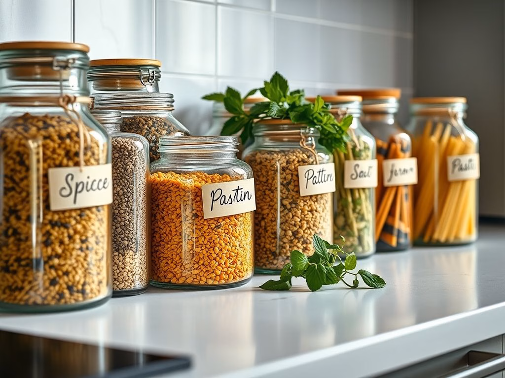 Balcão de cozinha organizado com potes de vidro transparentes, ervas aromáticas e tábua de corte.