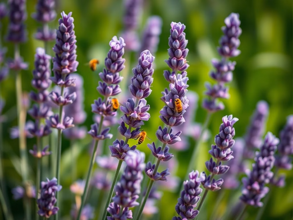Fotografia em close-up de flores de lavanda (Lavandula angustifolia) em plena floração, destacando os detalhes delicados das espigas e as diferentes tonalidades de roxo.
