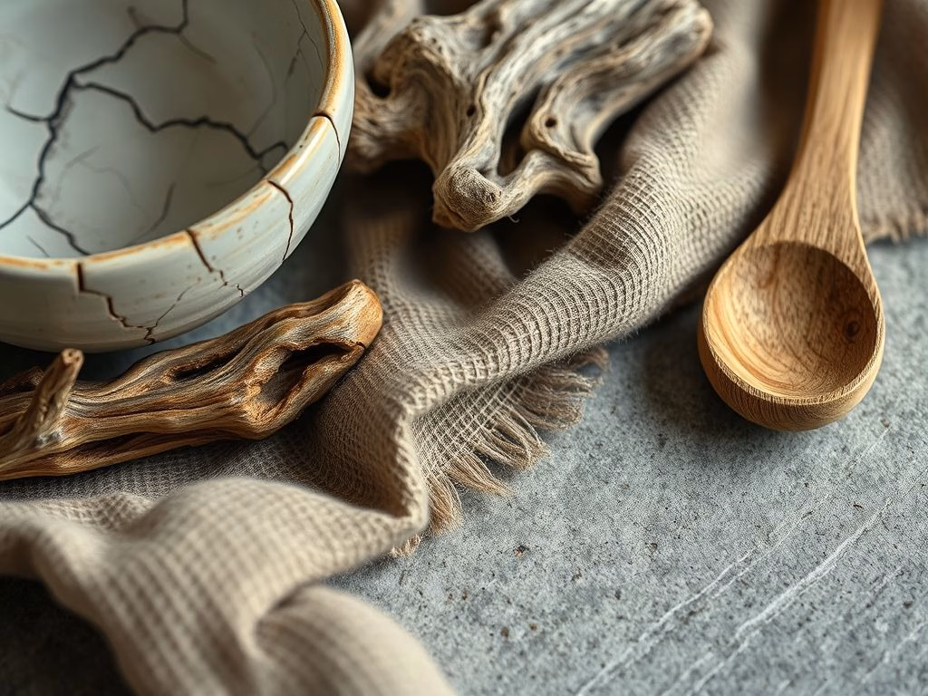 Close-up de objetos em estilo Wabi Sabi, incluindo tigela de cerâmica rachada, madeira flutuante, tecido de linho rústico e colher de madeira desgastada.