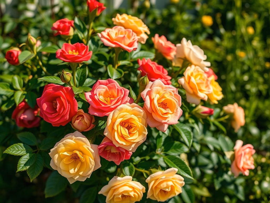 Roseira saudável com flores vibrantes em diversas cores.