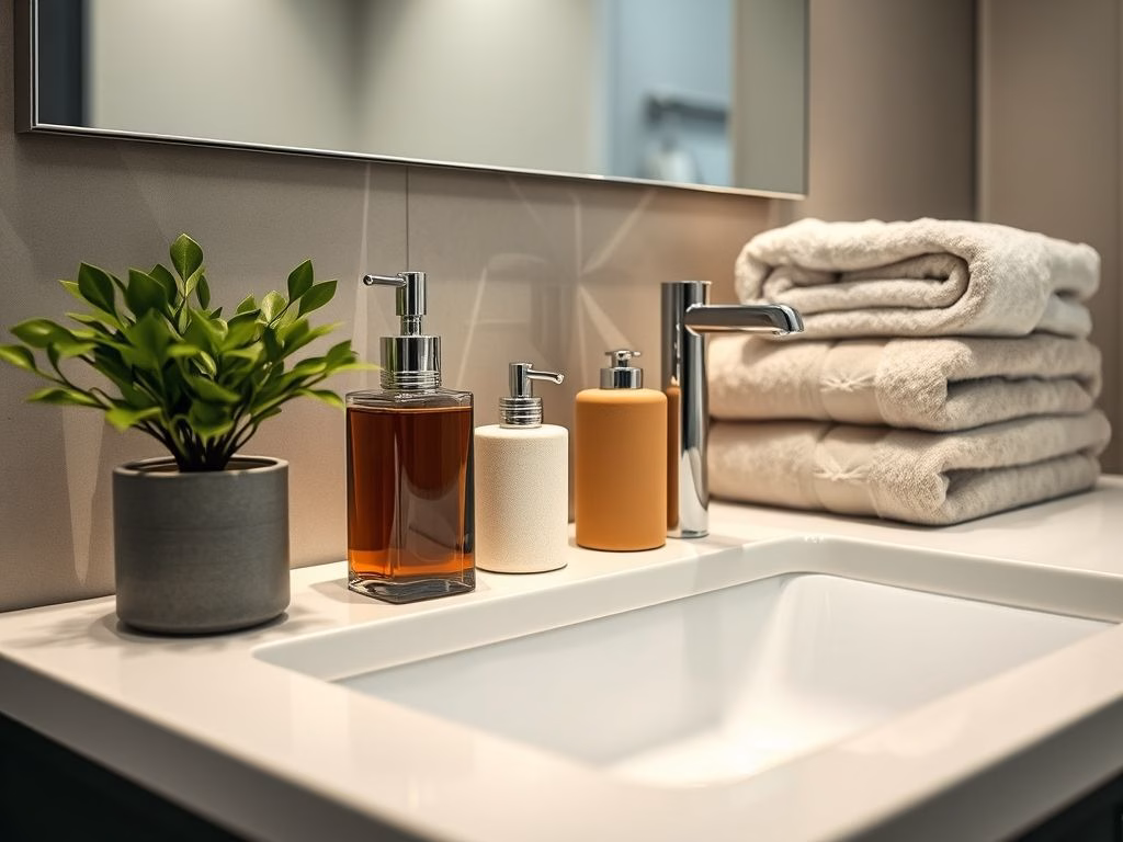 Foto em close-up de uma bancada de banheiro moderna com produtos de higiene pessoal e itens decorativos organizados.