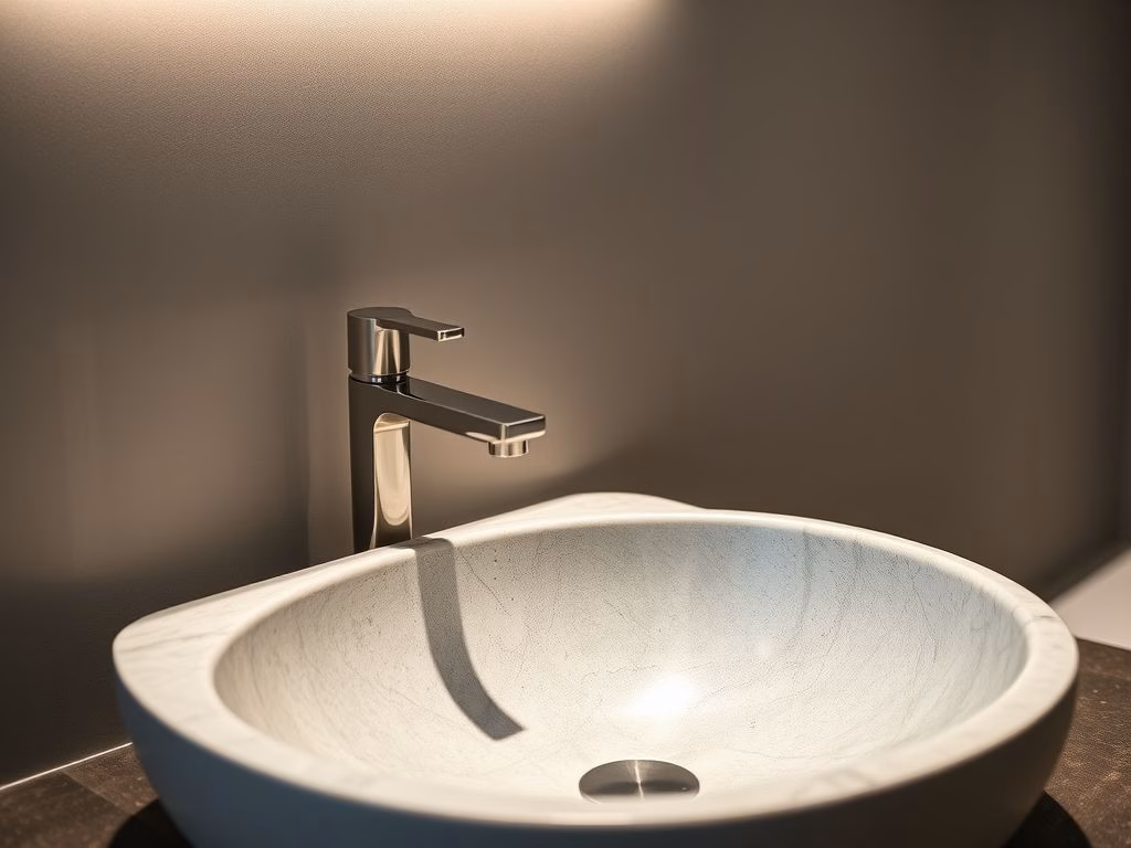 Close-up de uma pia de cuba elegante em um lavabo moderno, destacando o material único e a torneira minimalista.