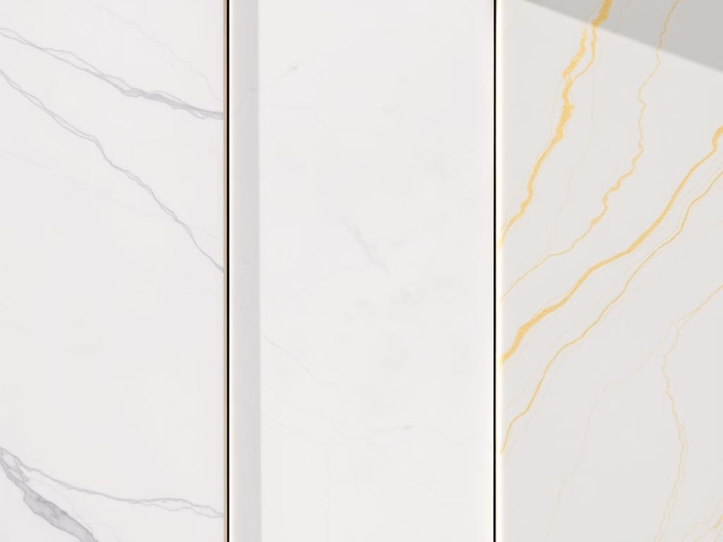 Amostras de mármore branco Carrara, Thassos e Calacatta lado a lado.