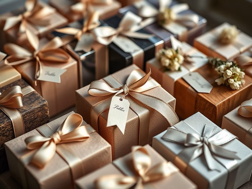 Diversas caixinhas para lembrancinhas decoradas com diferentes materiais e enfeites.