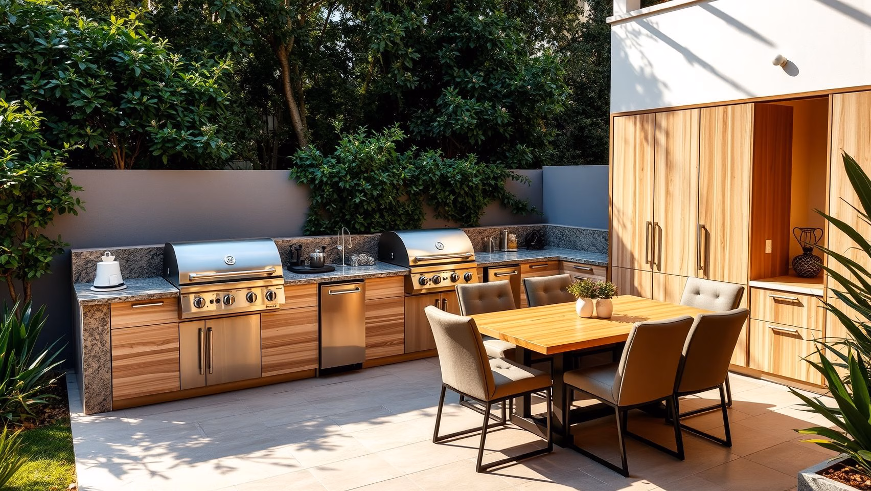 Cozinha externa com churrasqueira moderna e área gourmet, ideal para momentos de lazer.