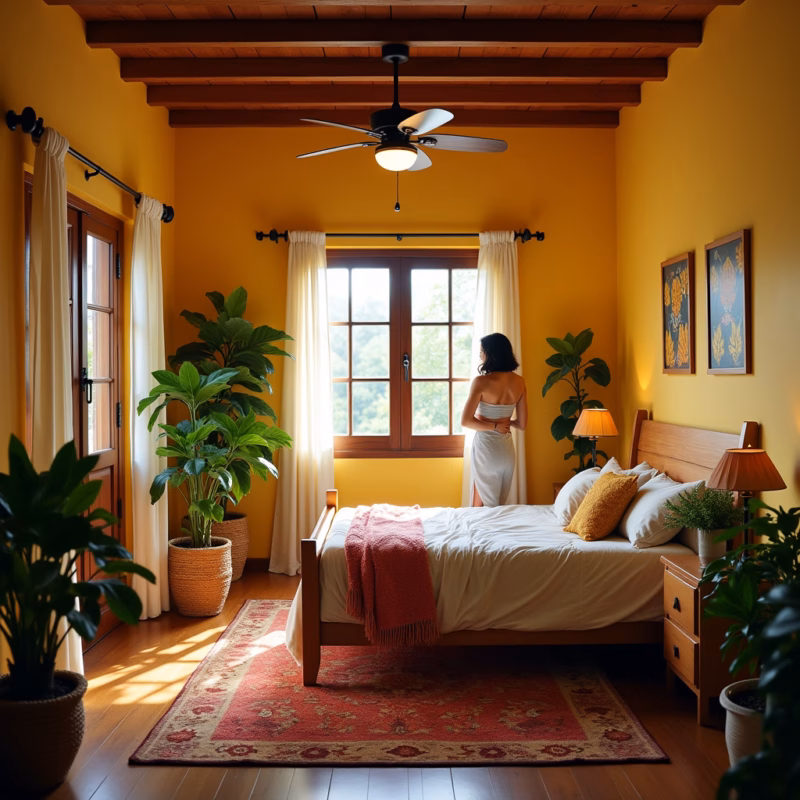 Cozy Brazilian bedroom, ceiling fan, natural light, woman adjusting settings, plants, vibrant Quarto aconchegante com ventilador de teto e mulher ajustando as configurações.