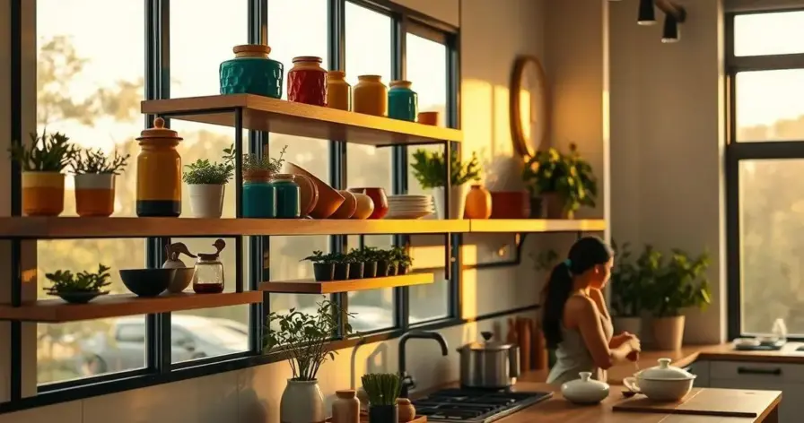 decoração de cozinha com prateleiras