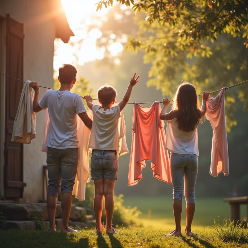 Family hanging clothes on varal de teto, laundry, natural light, 8k, professional photography, Família estendendo roupas em varal de teto em lavanderia iluminada.