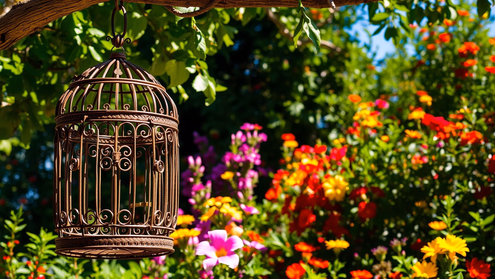 Decoração de jardim com gaiola vintage suspensa com suculentas e flores coloridas. Ideias criativas para jardins.