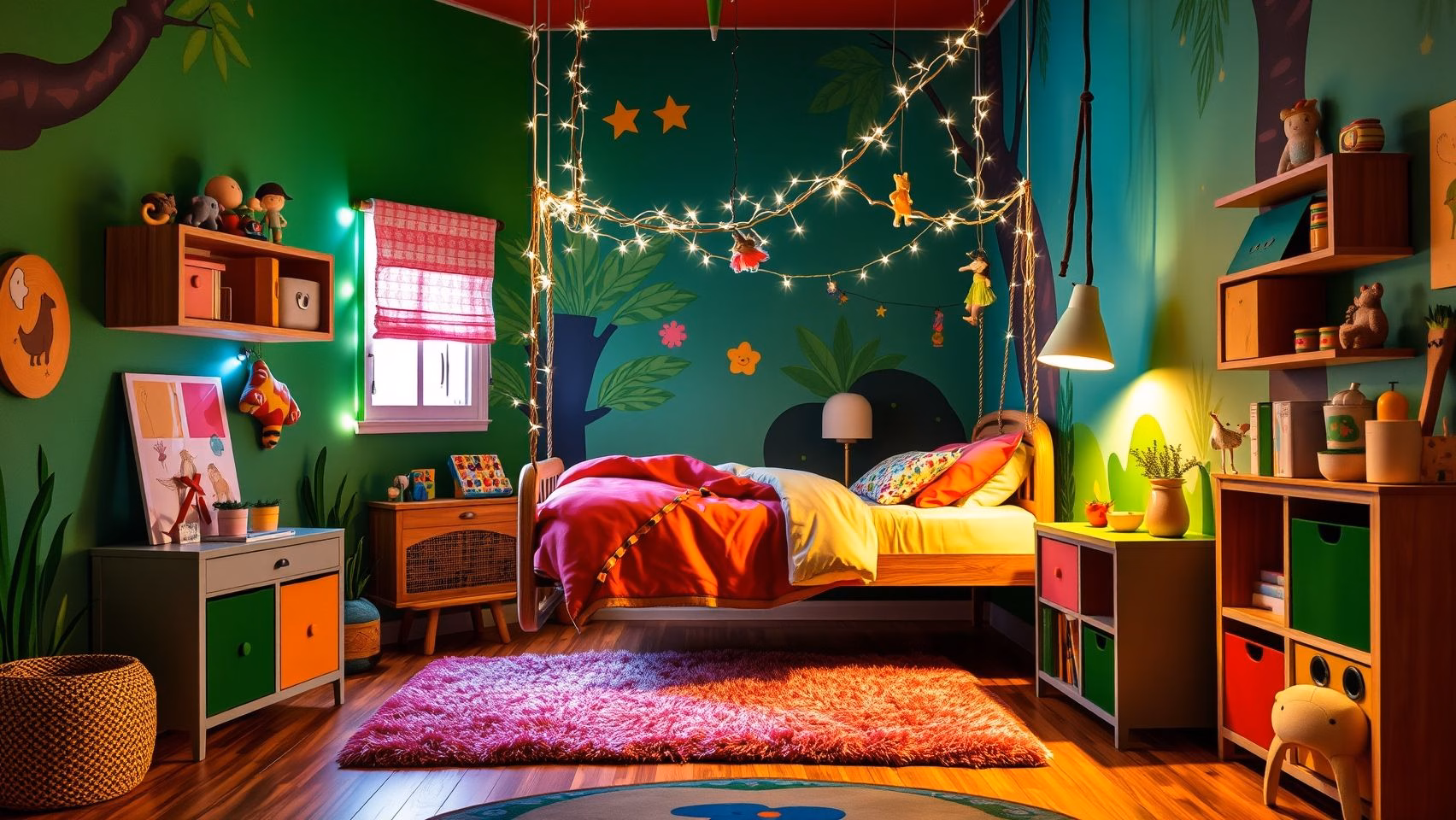 Quarto infantil com cama suspensa temática, criando um ambiente lúdico e otimizado para brincadeiras.