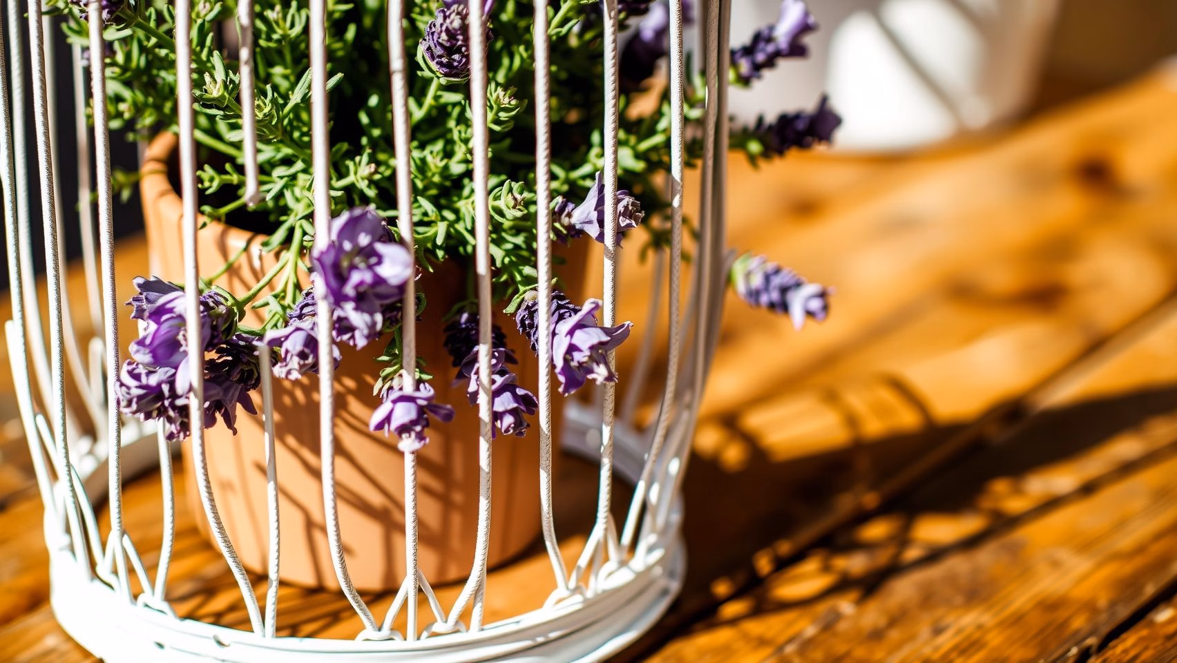 Cachepot de gaiola com lavanda para decoração charmosa de jardim. Ideias para usar gaiolas no jardim.