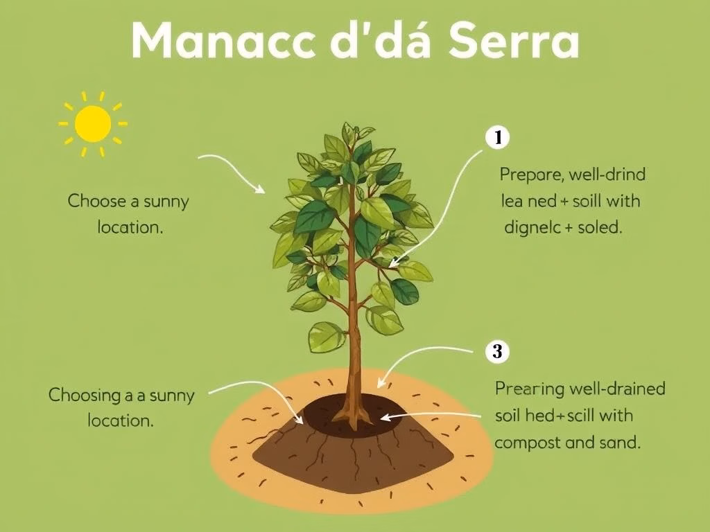 Ilustração dos passos para plantar um Manacá da Serra, incluindo a escolha do local ensolarado, o preparo do solo drenado e o plantio da muda.