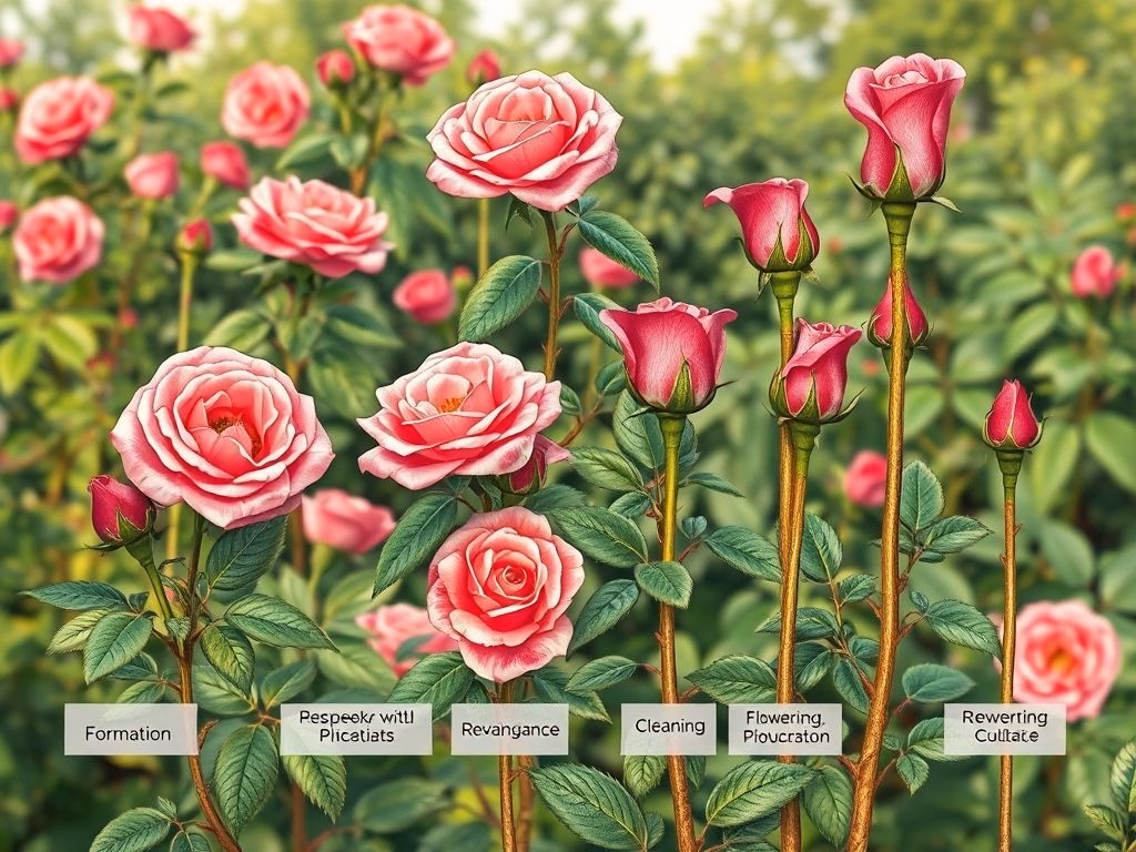 Ilustração demonstrando os diferentes tipos de poda de roseiras: formação, limpeza, floração e rejuvenescimento.
