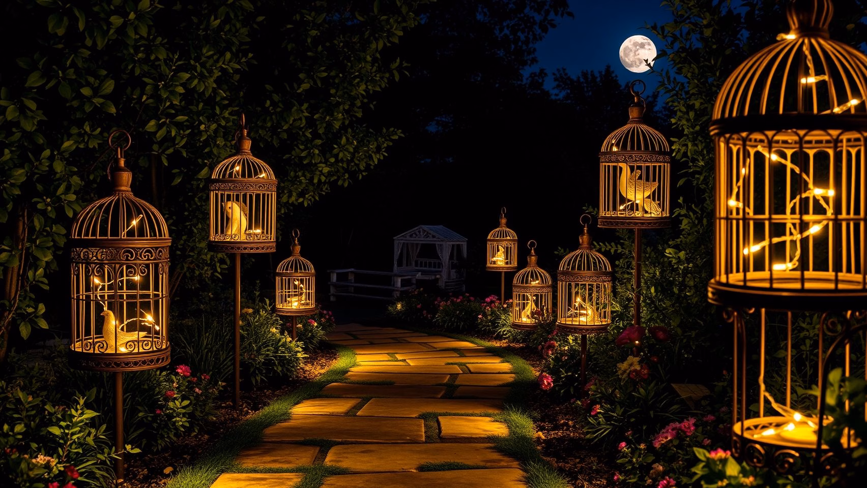 Caminho iluminado com gaiolas decorativas no jardim noturno. Decoração com gaiolas e luzes para jardim.