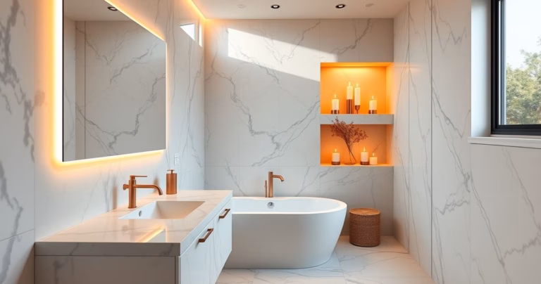 Banheiro com porcelanato marmorizado calacatta