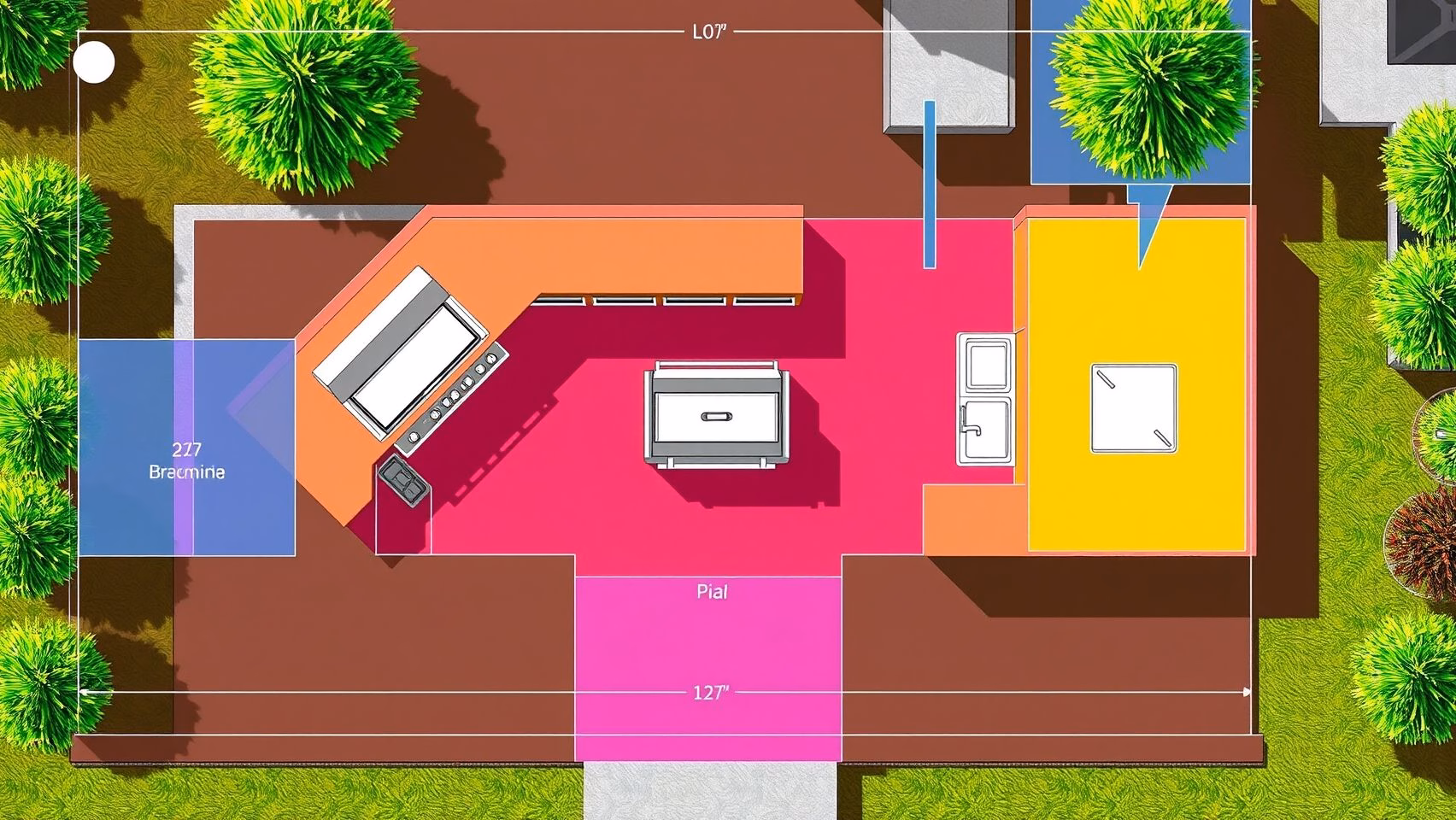 Layout ideal de cozinha externa com triângulo de trabalho: churrasqueira, pia e bancada.