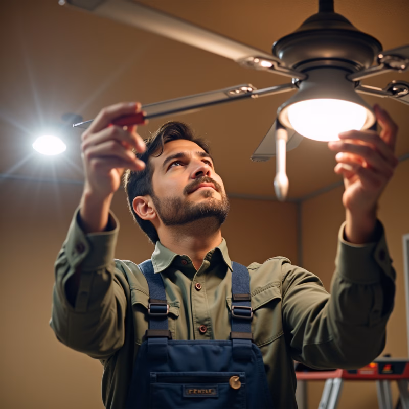 Man installing ceiling fan, tools, safety first, bright lighting, focus on hands, 8K, DIY, sharp Homem instalando ventilador de teto com segurança.