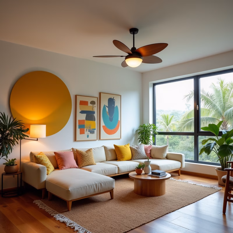 Stylish ceiling fan, modern living room, Brazilian decor, vibrant colors, natural light, 8K, Ventilador de teto estiloso em sala de estar com decoração brasileira.