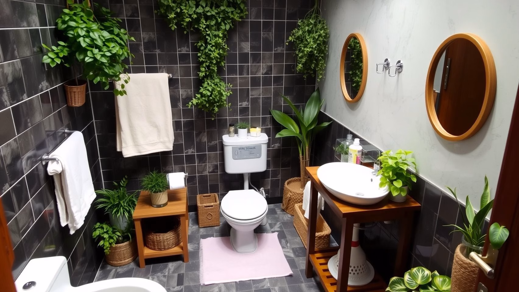 Banheiro pequeno organizado com prateleiras e nichos, otimizando espaço e decorando com estilo escandinavo.