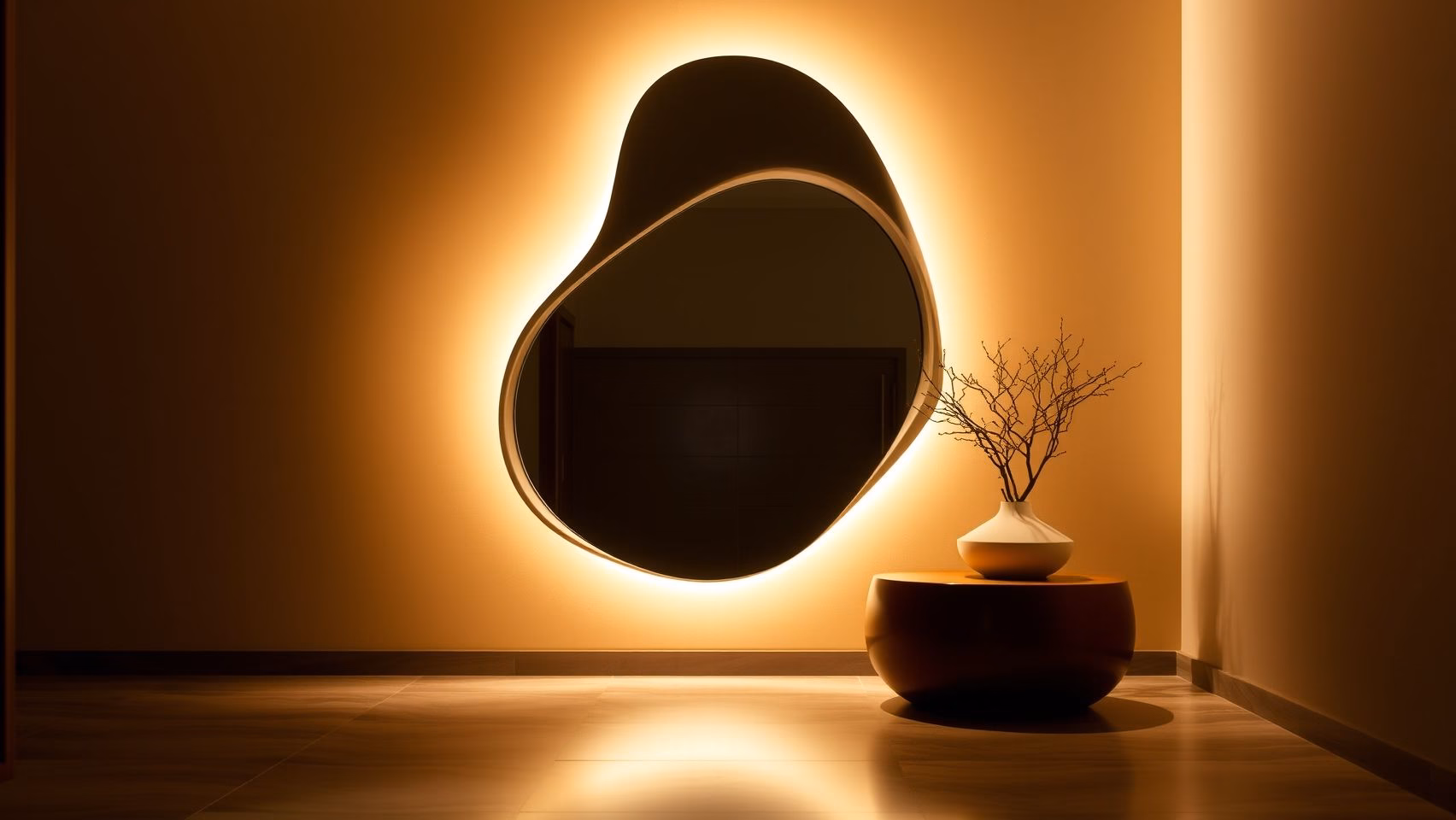 Iluminação valorizando espelho orgânico no hall de entrada.