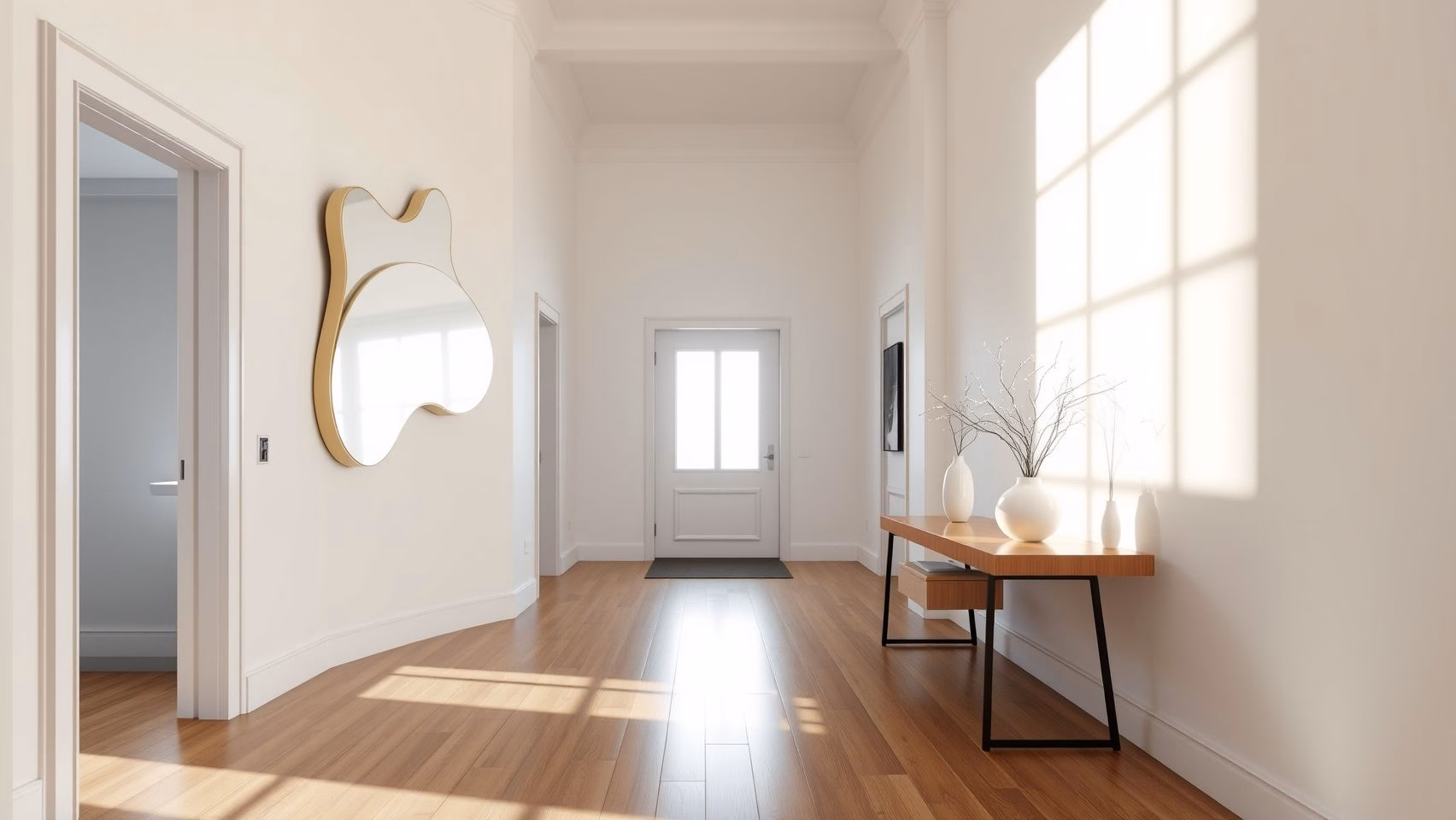 Hall de entrada moderno com espelho orgânico e decoração minimalista.