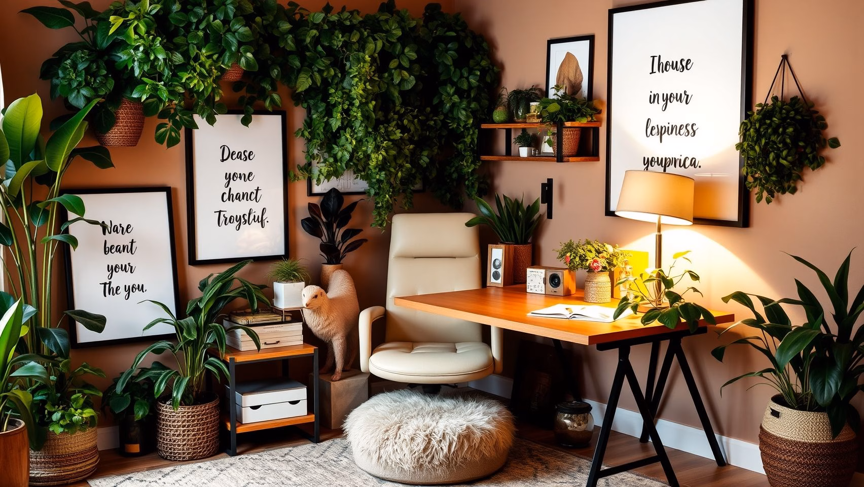 Home office feminino personalizado com quadros, plantas e objetos de arte. Ideias para decorar o home office com toques pessoais.