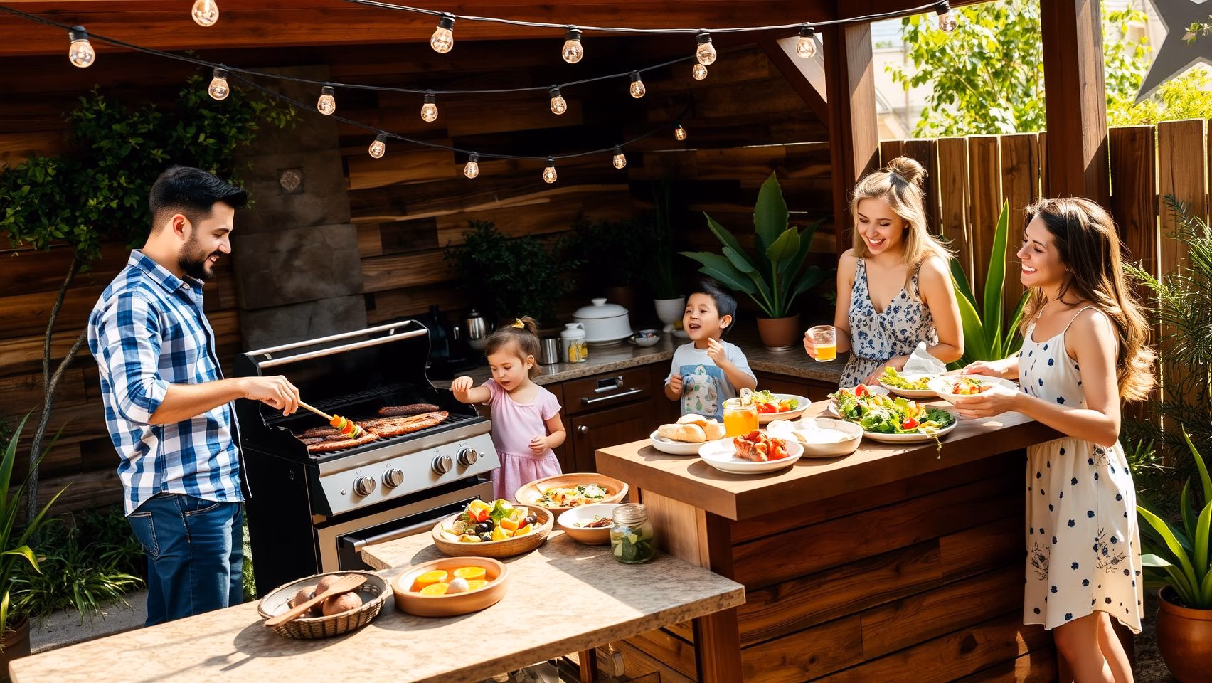 Família reunida em cozinha externa com churrasqueira, celebrando momentos especiais.