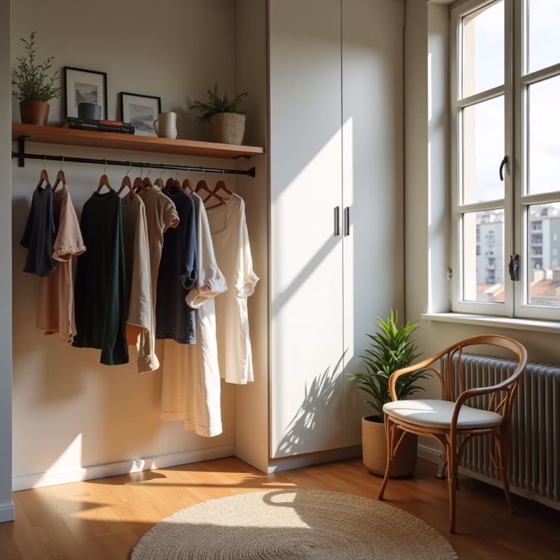 Varal de chão dobrável, small apartment, natural light, 8k, professional photography, focus on Varal de chão dobrável em apartamento pequeno, otimizando espaço.
