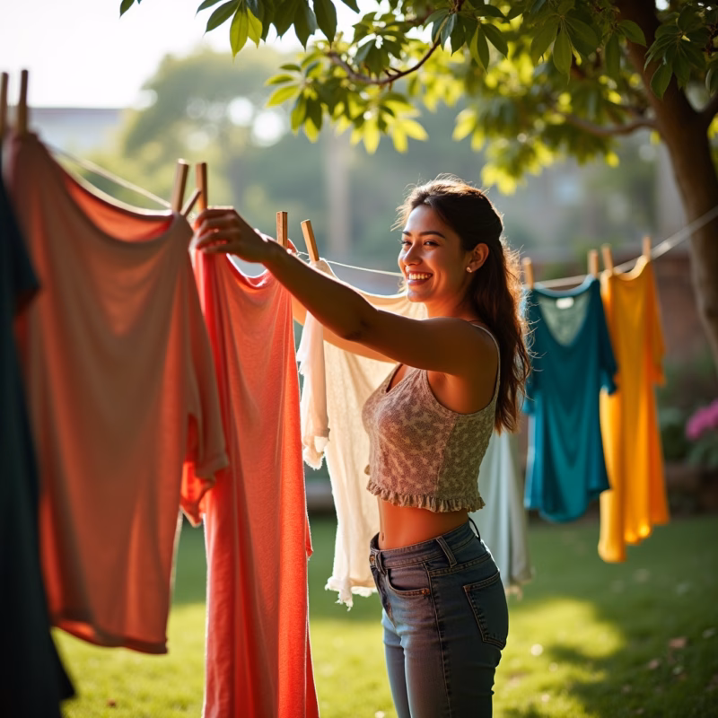 Varal de chão in sunny backyard, diverse woman hanging clothes, lush garden, professional Varal de chão com roupas secando em quintal ensolarado com jardim exuberante.