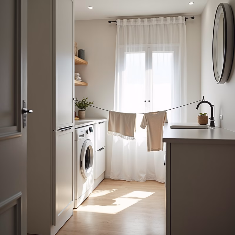 Varal de parede, compact laundry, natural light, 8k, professional photography, focus on Varal de parede instalado em área de serviço compacta.