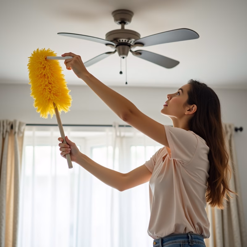 Woman cleaning ceiling fan blades, microfiber duster, bright room, 8K, hygiene, sharp focus, aspect Mulher limpando as pás do ventilador de teto com espanador de microfibra.