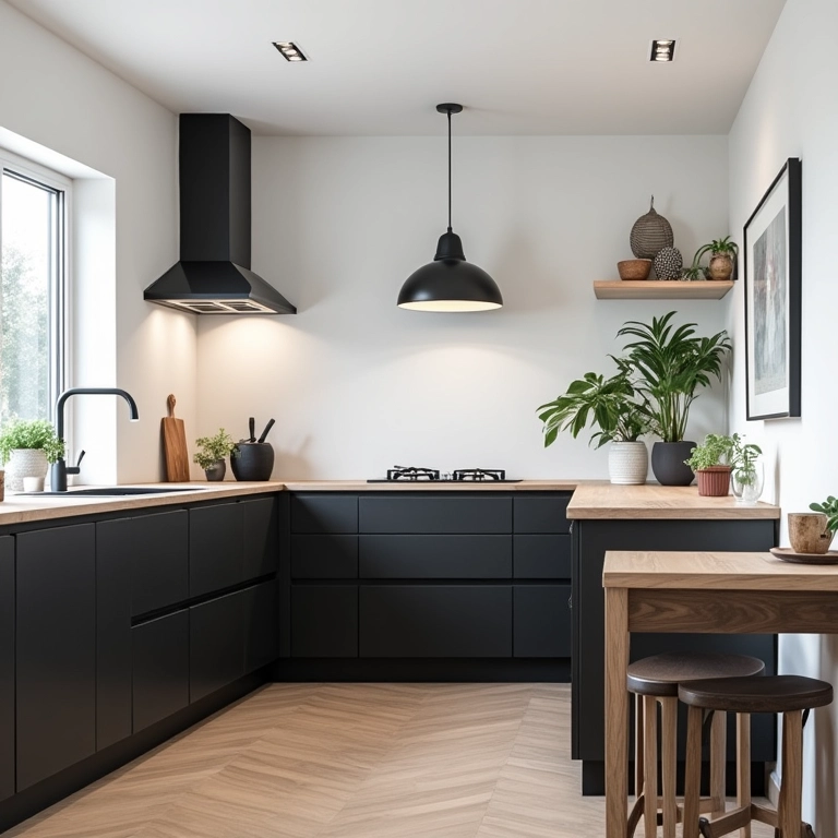 Cozinha minimalista com linhas retas, armários pretos e madeira clara, iluminação natural.