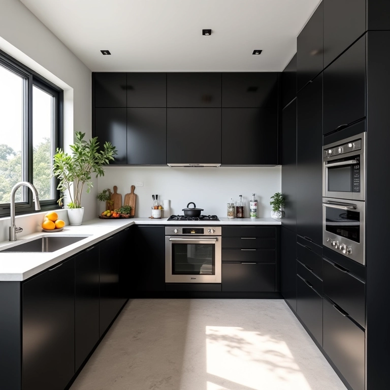 Armários pretos combinados com bancadas brancas e eletrodomésticos de inox em cozinha moderna.