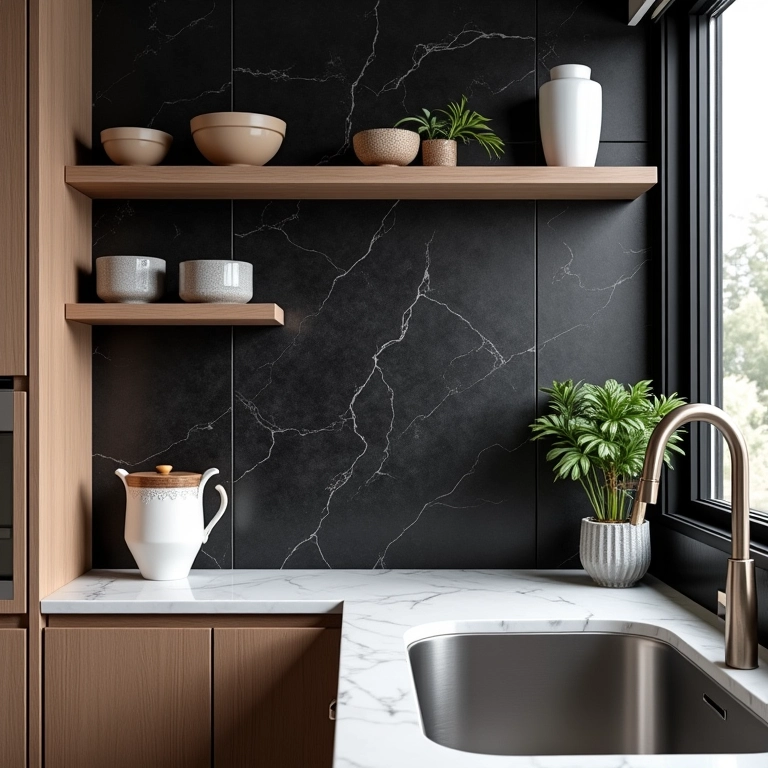 Revestimento preto com detalhes em madeira e rejunte branco em cozinha moderna e iluminada.