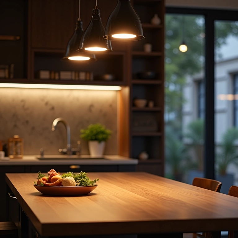 Iluminação moderna com pendentes e fitas de LED valorizando cozinha preta e madeira.