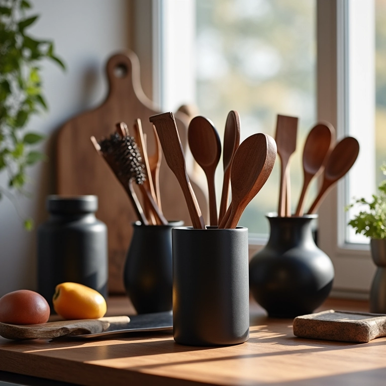 Utensílios pretos e de madeira com detalhes em cobre em cozinha com iluminação natural.